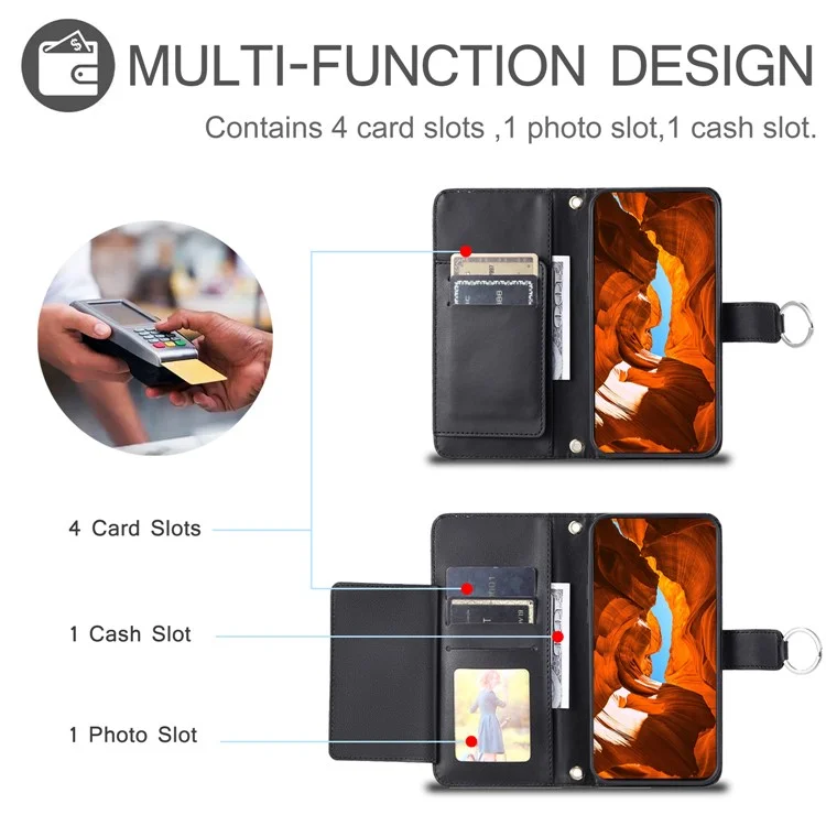 For iPhone 16 Crossbody Leather Case Ring Buckle Wallet Stand Rhombus Mobile Cover - Black