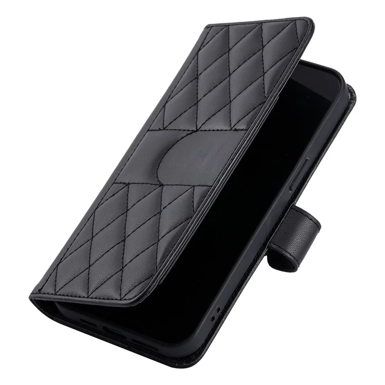 For iPhone 16 Crossbody Leather Case Ring Buckle Wallet Stand Rhombus Mobile Cover - Black