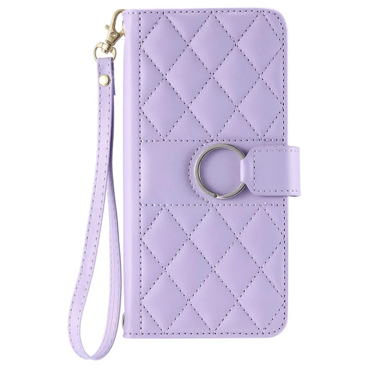 For iPhone 16 Crossbody Leather Case Ring Buckle Wallet Stand Rhombus Mobile Cover - Purple