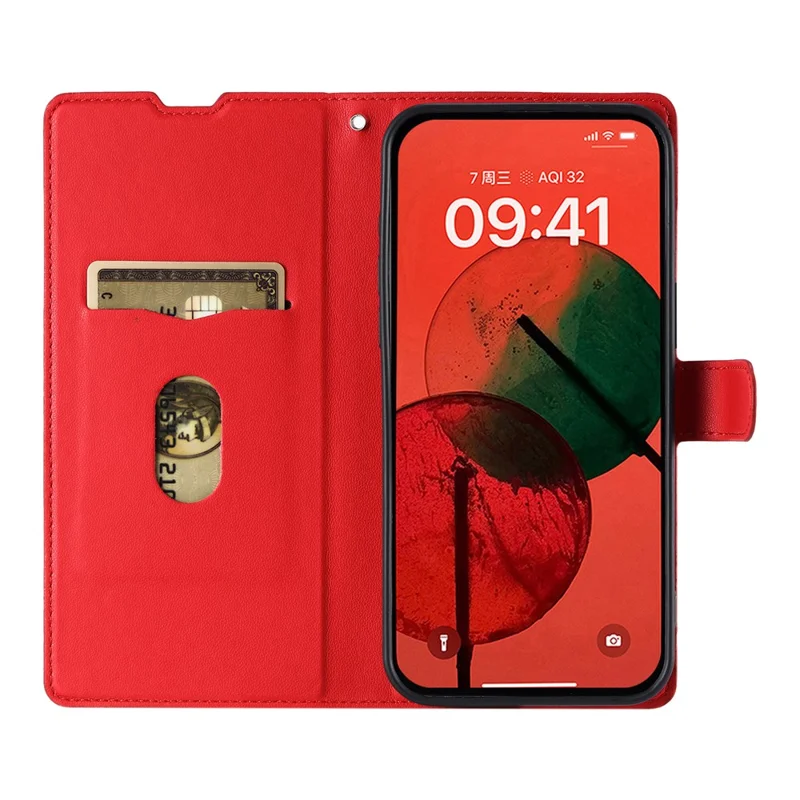 For Samsung Galaxy S25 Case Dots Imprinted PU Leather Flip Phone Cover with Card Slot, Strap - Red