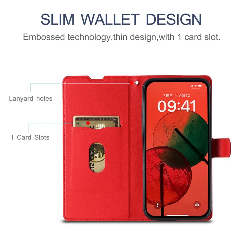 For Samsung Galaxy S25 Case Dots Imprinted PU Leather Flip Phone Cover with Card Slot, Strap - Red