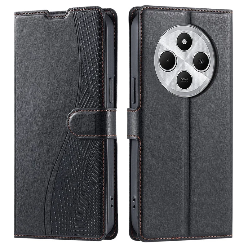 Leather Case for Xiaomi Poco C75 4G / Redmi 14R 5G / 14C 4G Dots Imprinted Phone Cover with Card Slot, Strap - Black