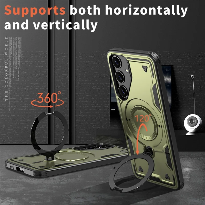 For Samsung Galaxy S24 FE Magnetic Case Military Protection PC+TPU Kickstand Phone Cover - Olive Green