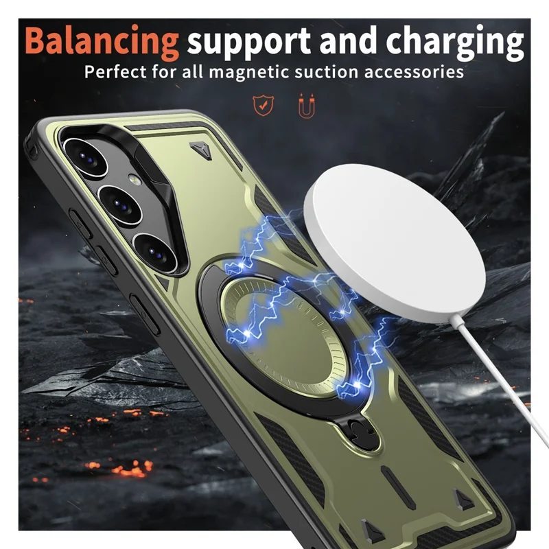 For Samsung Galaxy S24 FE Magnetic Case Military Protection PC+TPU Kickstand Phone Cover - Olive Green