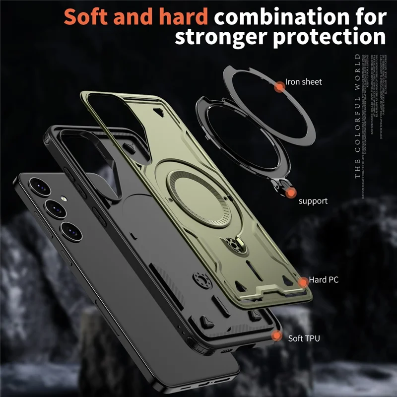 For Samsung Galaxy S24 FE Magnetic Case Military Protection PC+TPU Kickstand Phone Cover - Olive Green