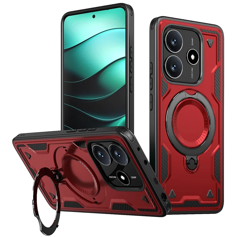 For Xiaomi Redmi Note 14 5G Magnetic Case Military Protection PC+TPU Kickstand Phone Cover - Red