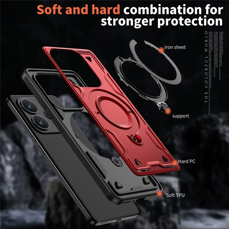 For Xiaomi Redmi Note 14 5G Magnetic Case Military Protection PC+TPU Kickstand Phone Cover - Red