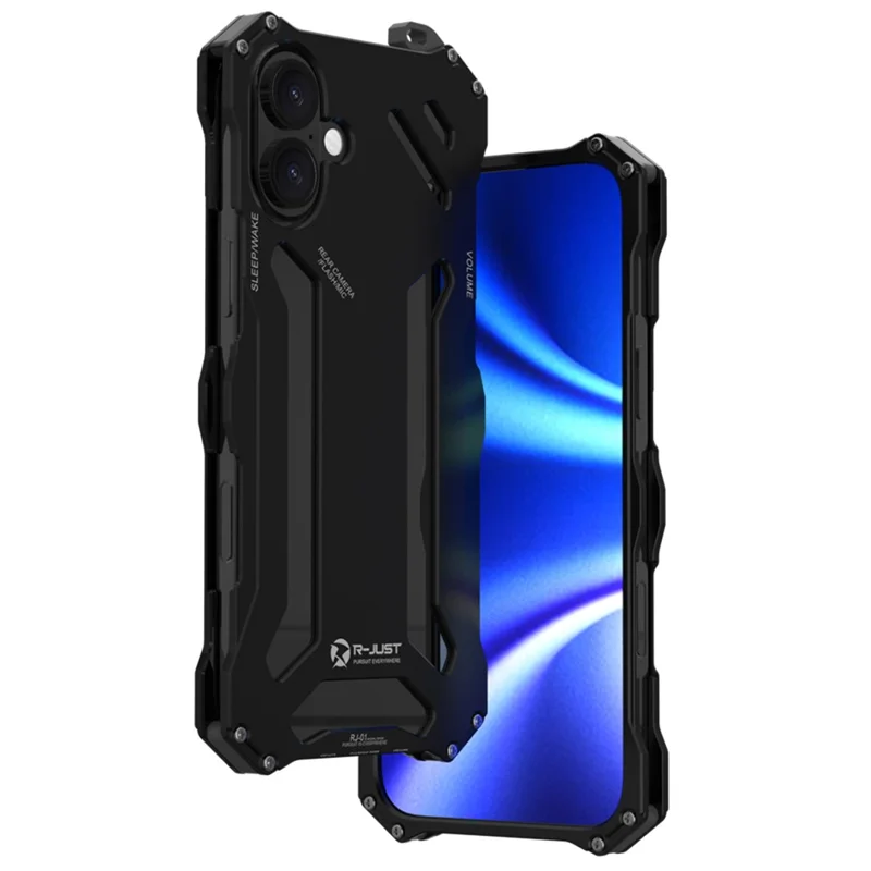 R-JUST For iPhone 16 Case Aluminum Alloy Mechanical Armor Hollow Phone Back Cover - Black