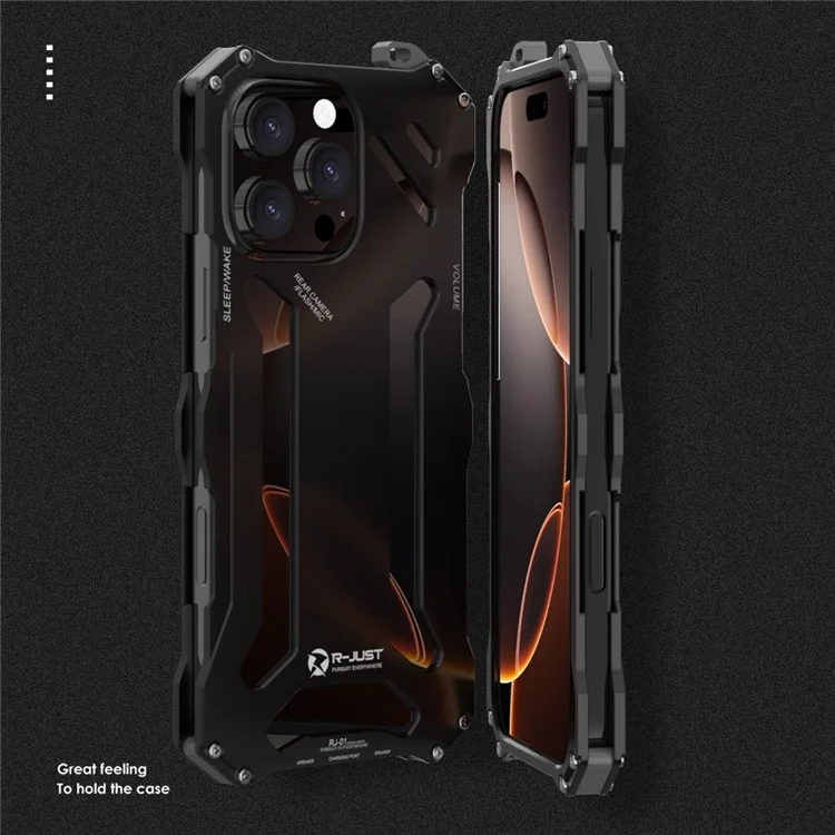 R-JUST Schutzhülle für iPhone 16 Pro aus Aluminiumlegierung, mechanische Panzerung, hohle Rückseite - Schwarz