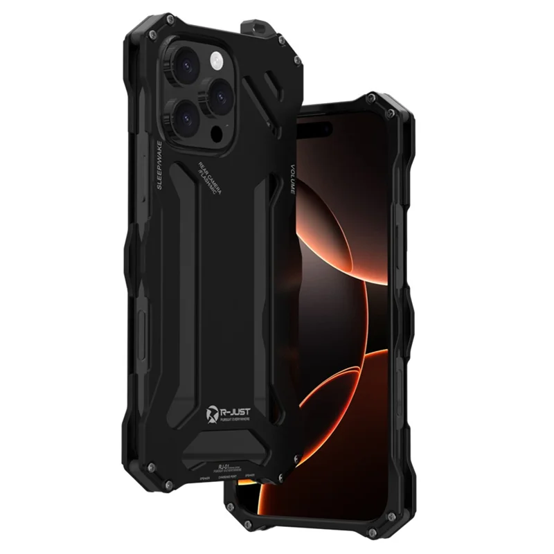 R-JUST For iPhone 16 Pro Max Case Aluminum Alloy Mechanical Armor Hollow Phone Back Cover - Black