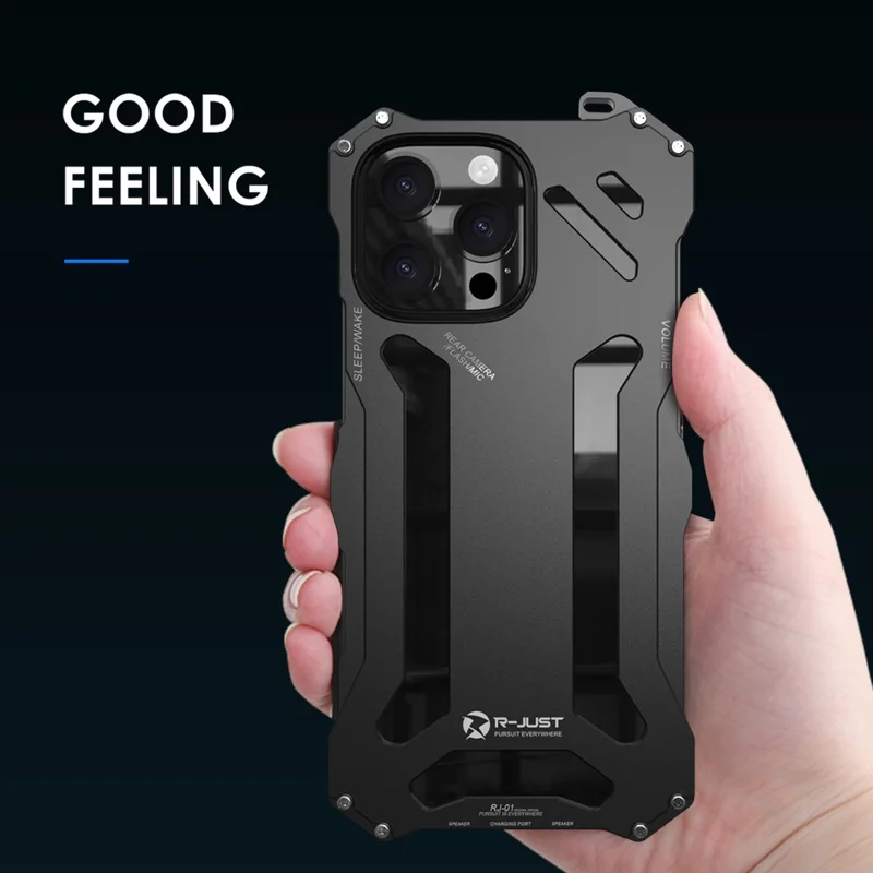 R-JUST For iPhone 16 Pro Max Case Aluminum Alloy Mechanical Armor Hollow Phone Back Cover - Black