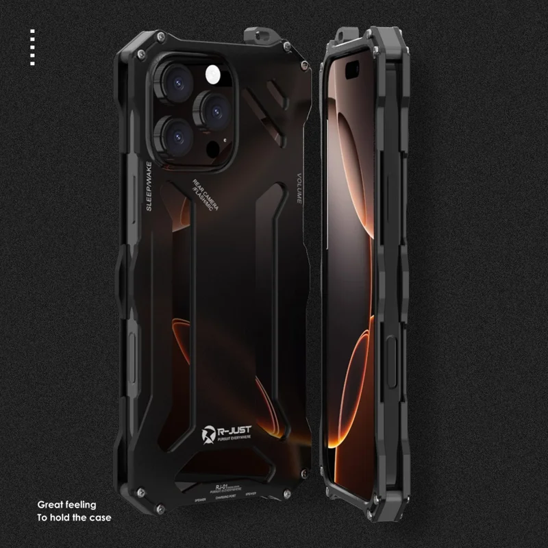 R-JUST For iPhone 16 Pro Max Case Aluminum Alloy Mechanical Armor Hollow Phone Back Cover - Black