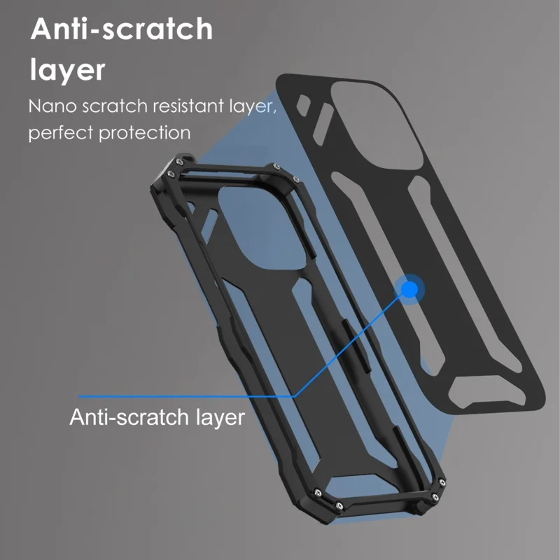 R-JUST For iPhone 16 Pro Max Case Aluminum Alloy Mechanical Armor Hollow Phone Back Cover - Black