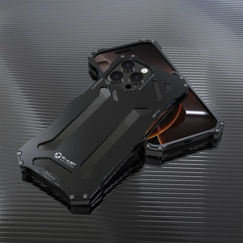 R-JUST For iPhone 16 Pro Max Case Aluminum Alloy Mechanical Armor Hollow Phone Back Cover - Black