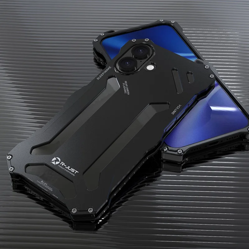 R-JUST Gehäuse für iPhone 16 Plus, Aluminiumlegierung, mechanische Rüstung, hohle Handyhülle - Schwarz