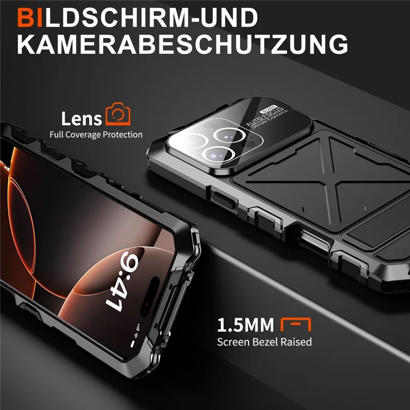 R-JUST RJ09-1 For iPhone 16 Pro Max Case Silicone+Aluminium Alloy Phone Cover with Screen Film - Black