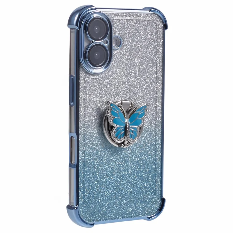 For iPhone 16 Case Butterfly Kickstand Glitter TPU Shockproof Phone Cover - Blue
