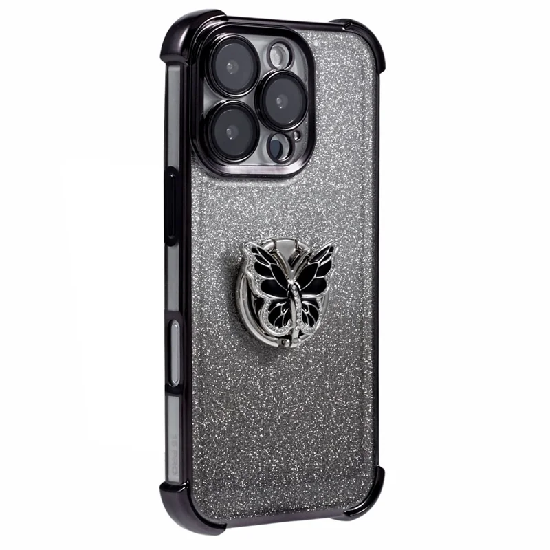 For iPhone 16 Pro Case Butterfly Kickstand Glitter TPU Shockproof Phone Cover - Black