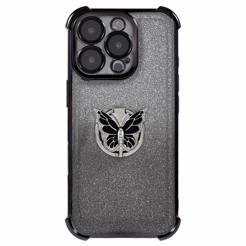 For iPhone 16 Pro Case Butterfly Kickstand Glitter TPU Shockproof Phone Cover - Black