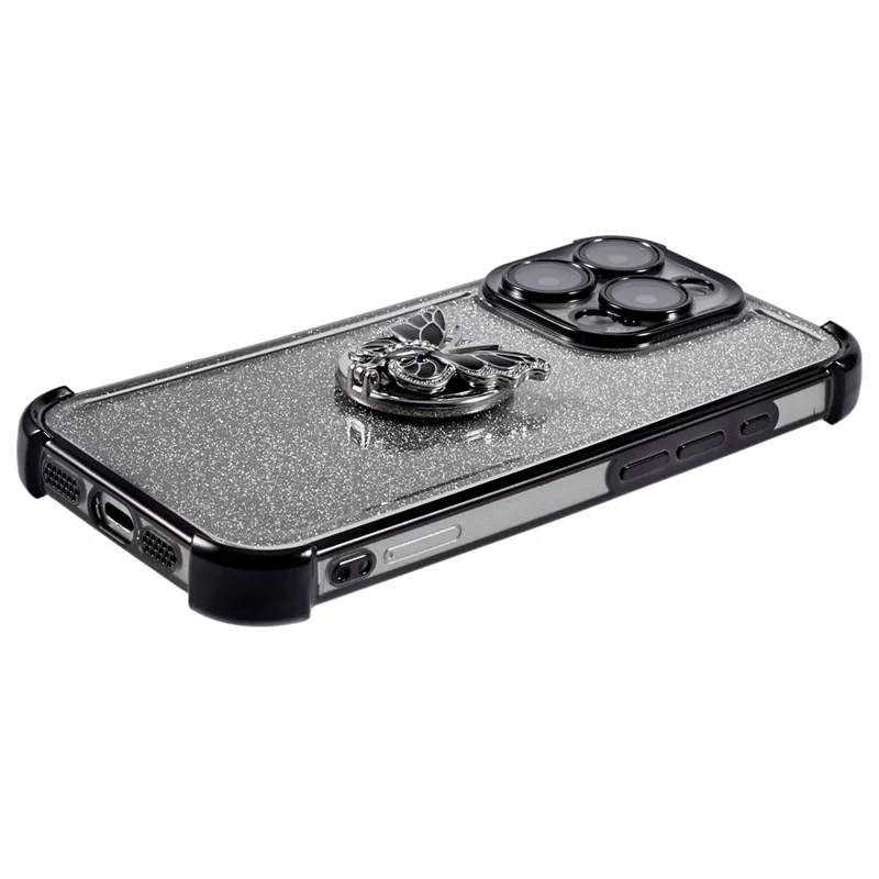 For iPhone 16 Pro Case Butterfly Kickstand Glitter TPU Shockproof Phone Cover - Black