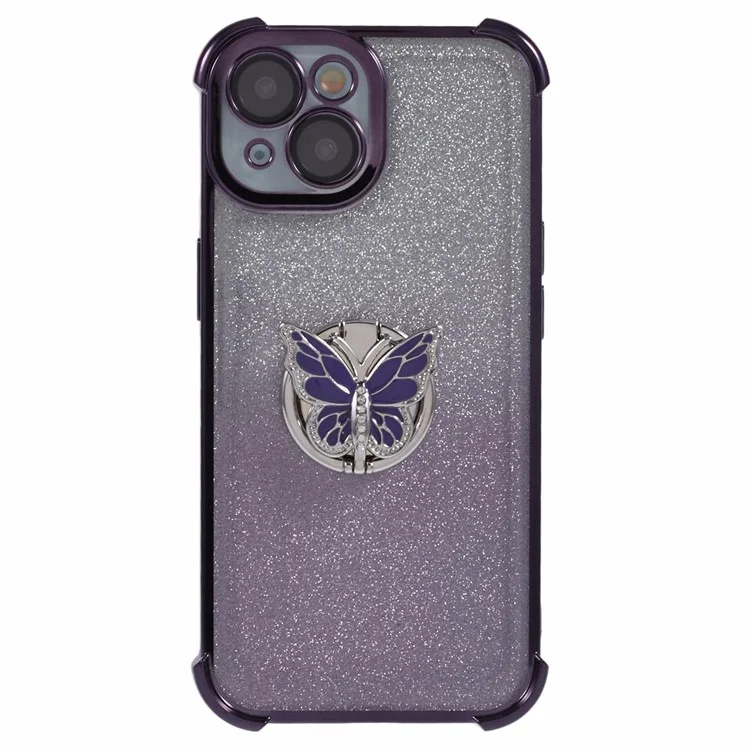 Funda para iPhone 15 con soporte de mariposa, brillo TPU y protección contra golpes - Púrpura