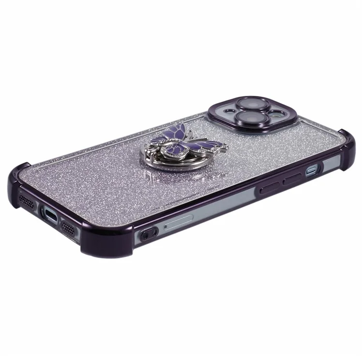 Funda para iPhone 15 con soporte de mariposa, brillo TPU y protección contra golpes - Púrpura