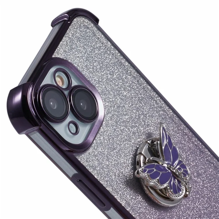 Funda para iPhone 15 con soporte de mariposa, brillo TPU y protección contra golpes - Púrpura