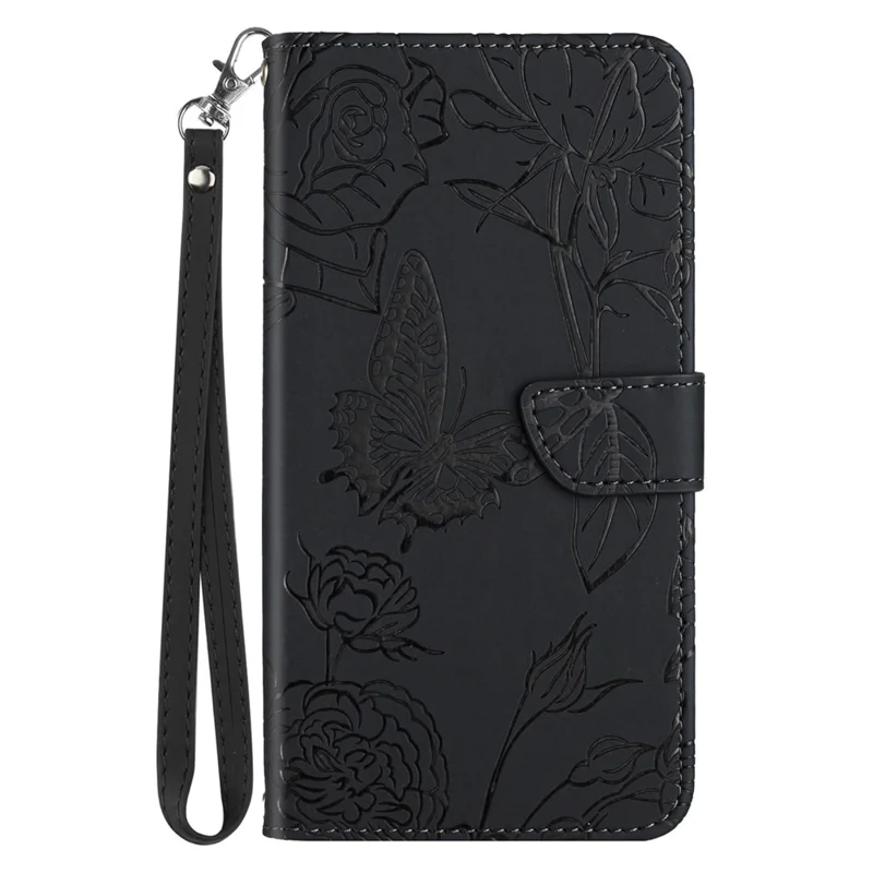 For Xiaomi Redmi Note 14 Pro+ 5G / 14 Pro 5G / Poco X7 5G Case Leather Phone Cover with Strap, Butterfly Flower Imprint - Black