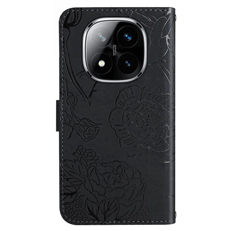For Xiaomi Redmi Note 14 Pro+ 5G / 14 Pro 5G / Poco X7 5G Case Leather Phone Cover with Strap, Butterfly Flower Imprint - Black
