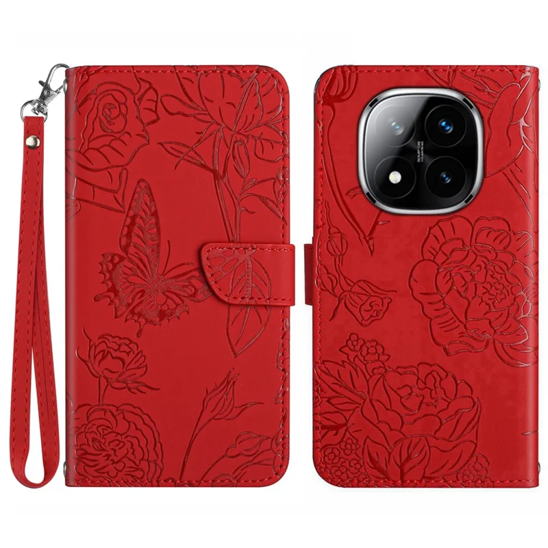 For Xiaomi Redmi Note 14 Pro+ 5G / 14 Pro 5G / Poco X7 5G Case Leather Phone Cover with Strap, Butterfly Flower Imprint - Red
