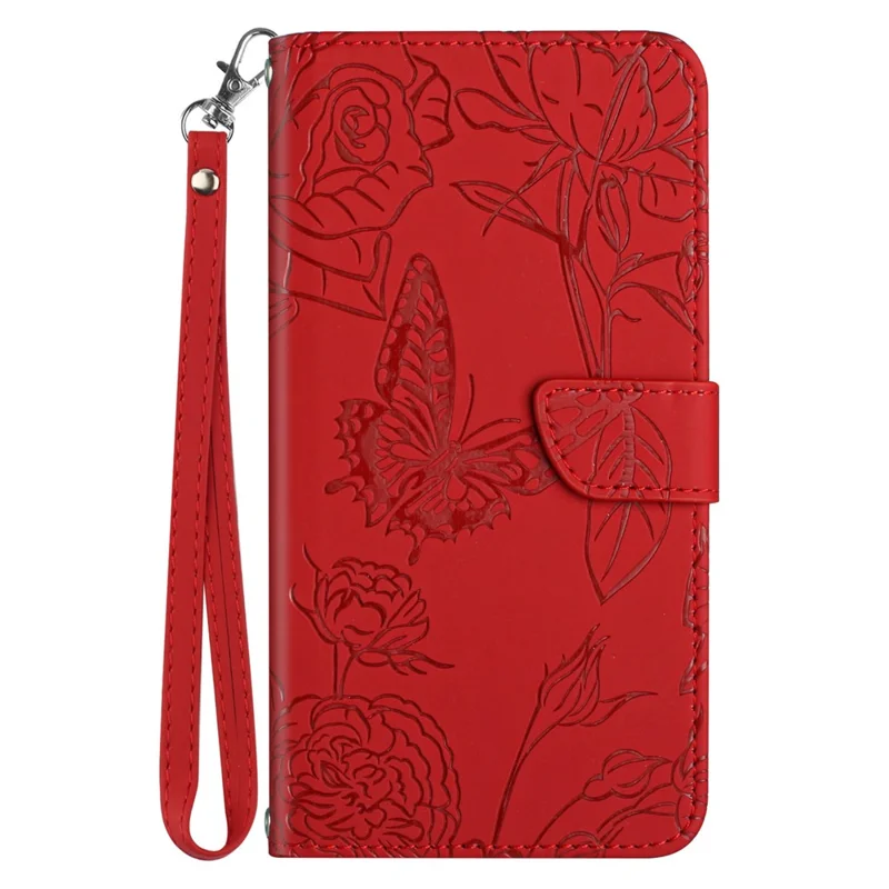 For Xiaomi Redmi Note 14 Pro+ 5G / 14 Pro 5G / Poco X7 5G Case Leather Phone Cover with Strap, Butterfly Flower Imprint - Red