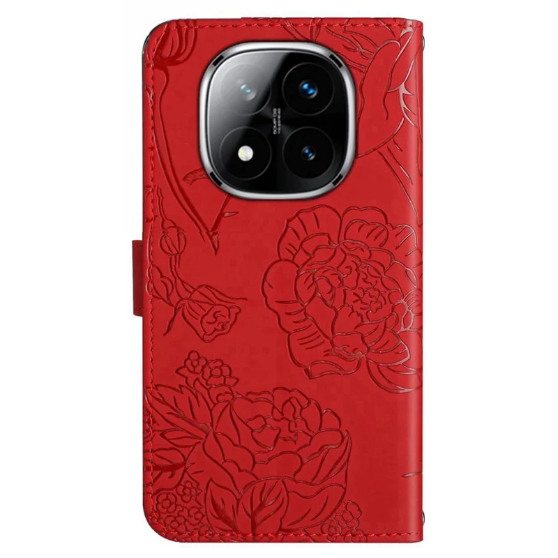 For Xiaomi Redmi Note 14 Pro+ 5G / 14 Pro 5G / Poco X7 5G Case Leather Phone Cover with Strap, Butterfly Flower Imprint - Red