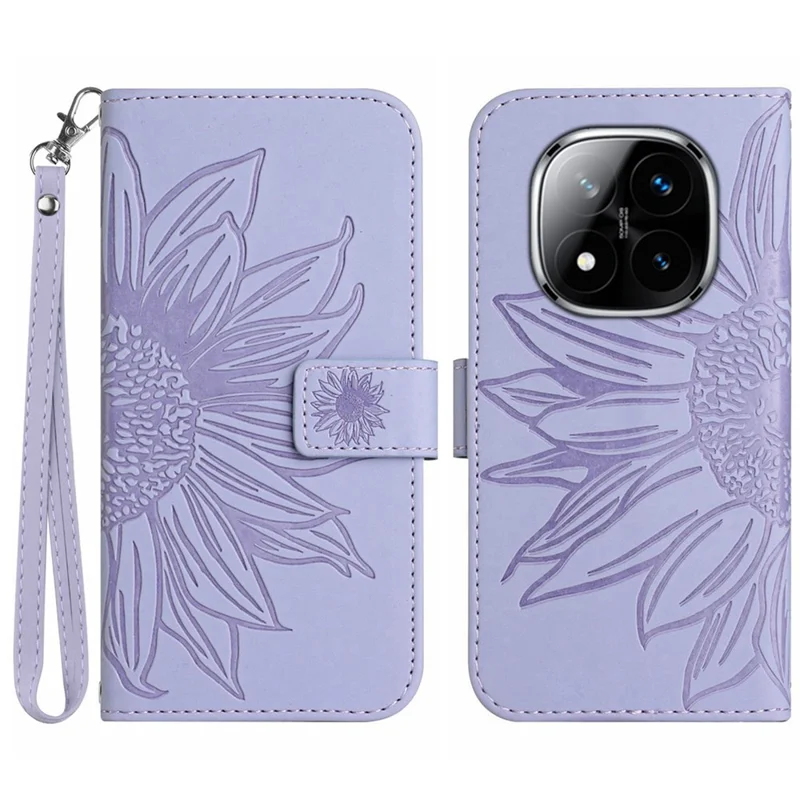 HT04 For Xiaomi Redmi Note 14 Pro+ 5G / 14 Pro 5G / Poco X7 5G Case Sunflower Leather Wallet Phone Cover with Wrist Strap - Light Purple