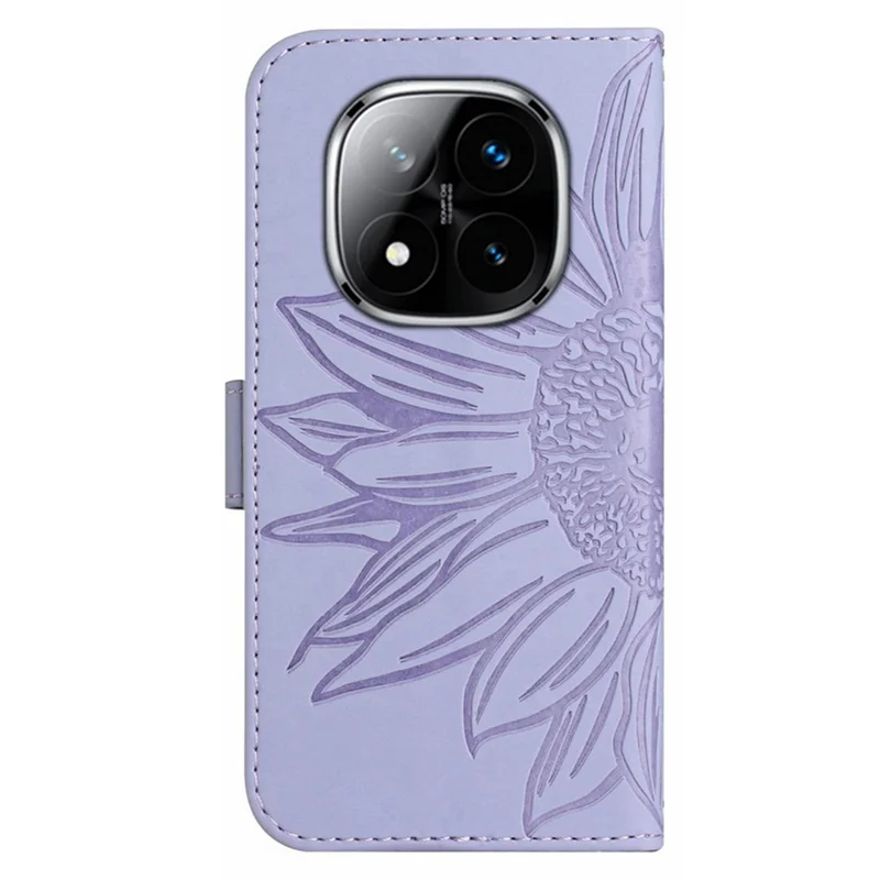 HT04 For Xiaomi Redmi Note 14 Pro+ 5G / 14 Pro 5G / Poco X7 5G Case Sunflower Leather Wallet Phone Cover with Wrist Strap - Light Purple