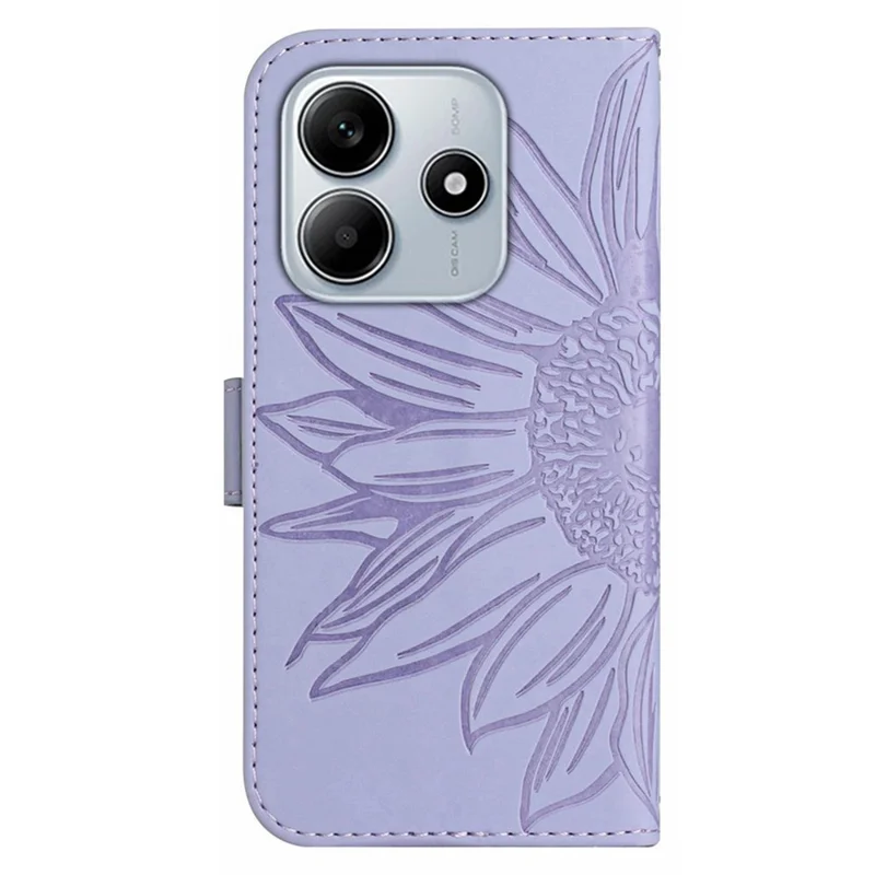 جراب لهاتف شاومي ريدمي نوت 14 5G بتصميم عباد الشمس من الجلد مع حامل يدوي - بنفسجي فاتح