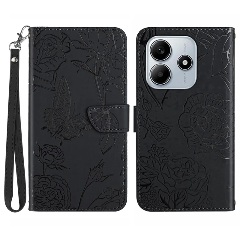 For Xiaomi Redmi Note 14 5G Case Leather Phone Cover with Strap, Butterfly Flower Imprint - Black