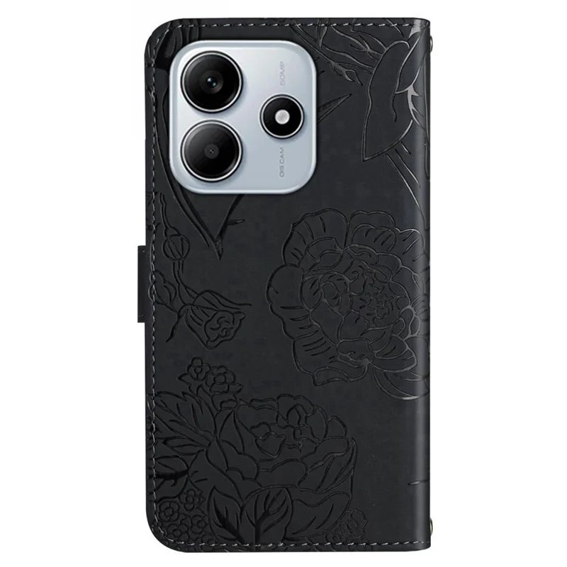 For Xiaomi Redmi Note 14 5G Case Leather Phone Cover with Strap, Butterfly Flower Imprint - Black