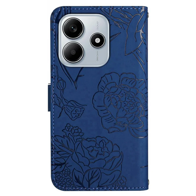 For Xiaomi Redmi Note 14 5G Case Leather Phone Cover with Strap, Butterfly Flower Imprint - Blue