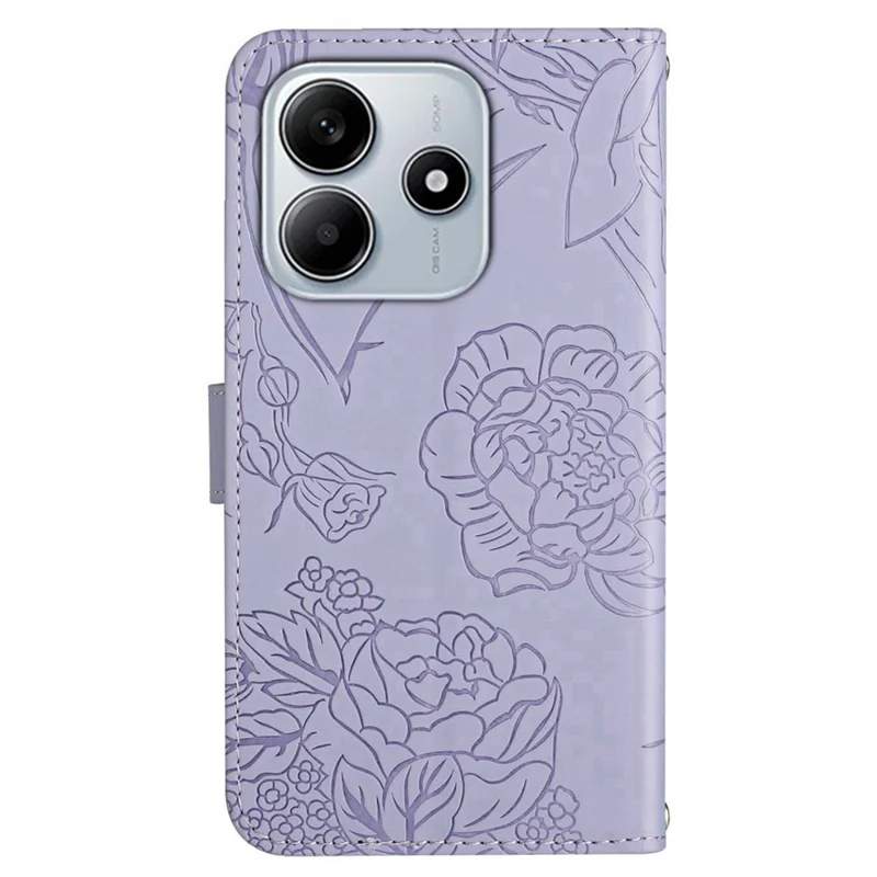 For Xiaomi Redmi Note 14 5G Case Leather Phone Cover with Strap, Butterfly Flower Imprint - Lavender Purple