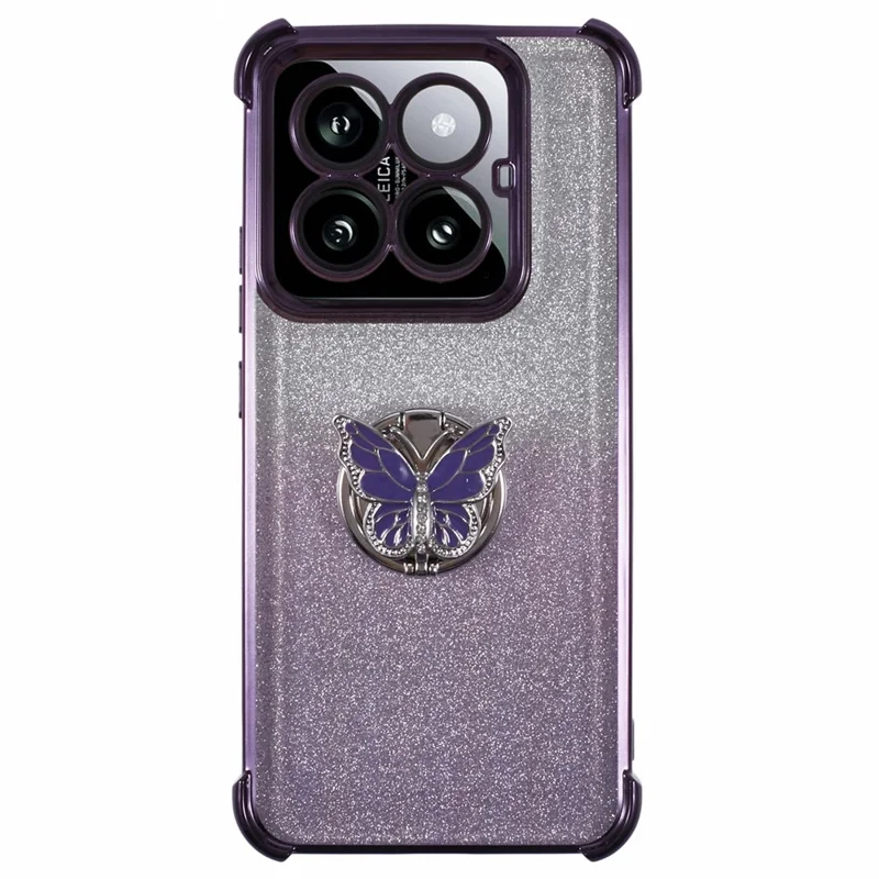 Xiaomi 14 Pro hoesje met vlinderstandaard, glitter TPU stootvaste telefoonhoes - Paars