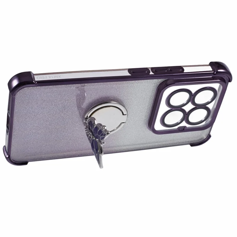 Xiaomi 14 Pro hoesje met vlinderstandaard, glitter TPU stootvaste telefoonhoes - Paars