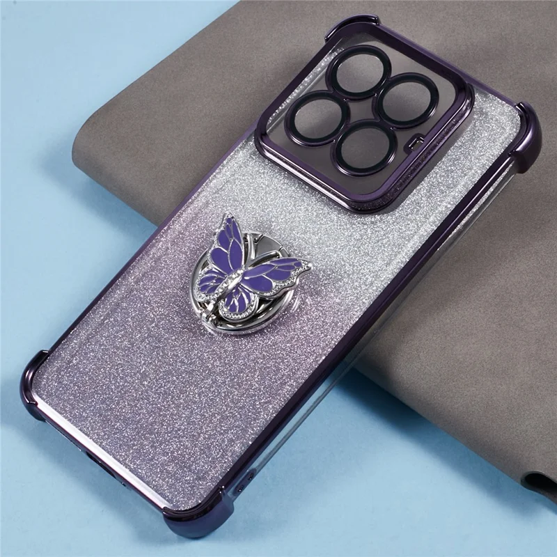 Xiaomi 14 Pro hoesje met vlinderstandaard, glitter TPU stootvaste telefoonhoes - Paars