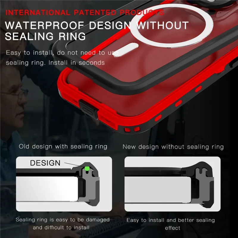 REDPEPPER Dot+ Series For iPhone 15 Pro Phone Case Compatible with MagSafe IP68 Waterproof Clear Phone Cover - Red