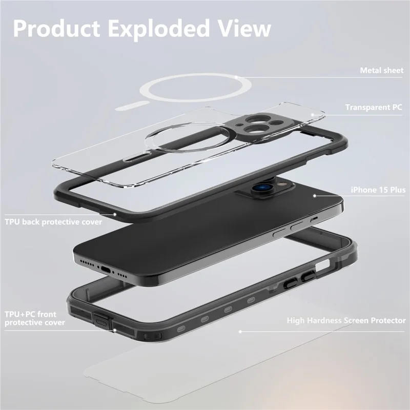 REDPEPPER Dot+ Series For iPhone 15 Phone Case Compatible with MagSafe IP68 Waterproof Clear Phone Cover - Black