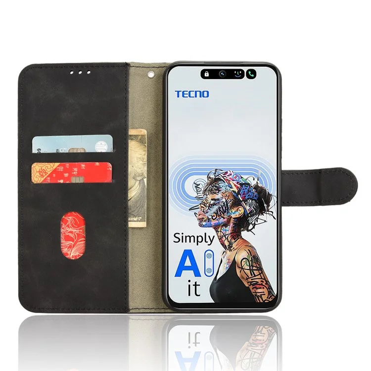 For TECNO Pova 6 Neo Leather Case Skin-Feel Anti-Drop Wallet Flip Phone Cover - Black