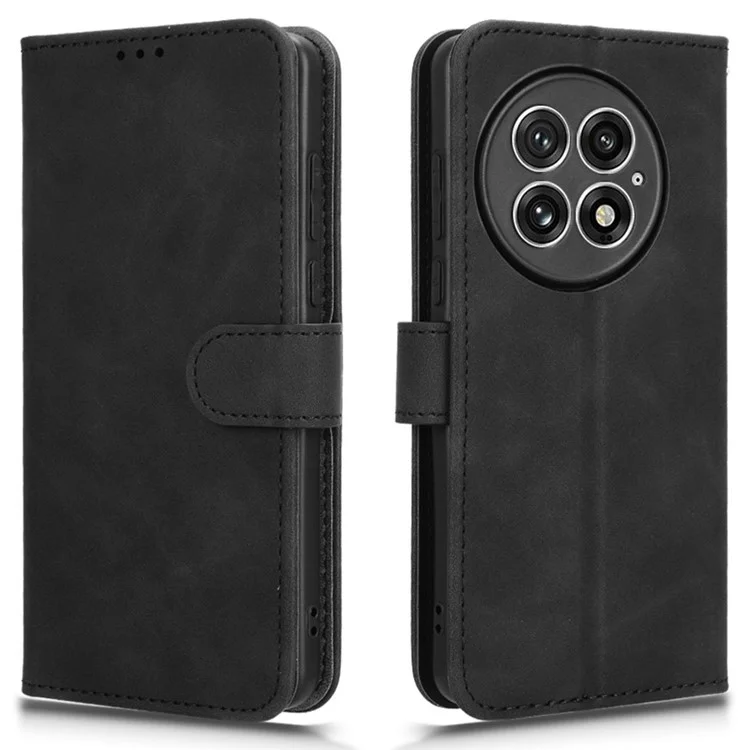 Capa de couro para OnePlus 13, com sensação de pele, anti-queda e carteira com flip cover - Preto