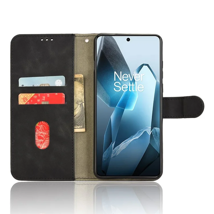 Capa de couro para OnePlus 13, com sensação de pele, anti-queda e carteira com flip cover - Preto