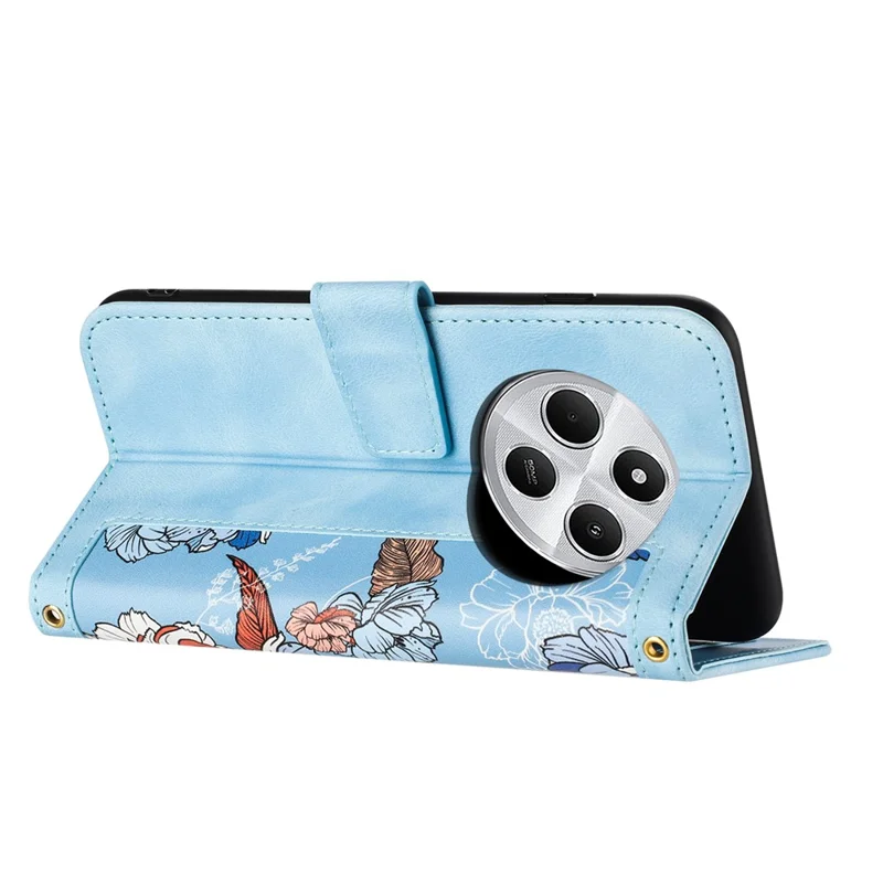 Capa de couro para Xiaomi Poco C75 4G / Redmi 14R 5G / 14C 4G Capa de telefone floral com slots para cartão - Azul bebê