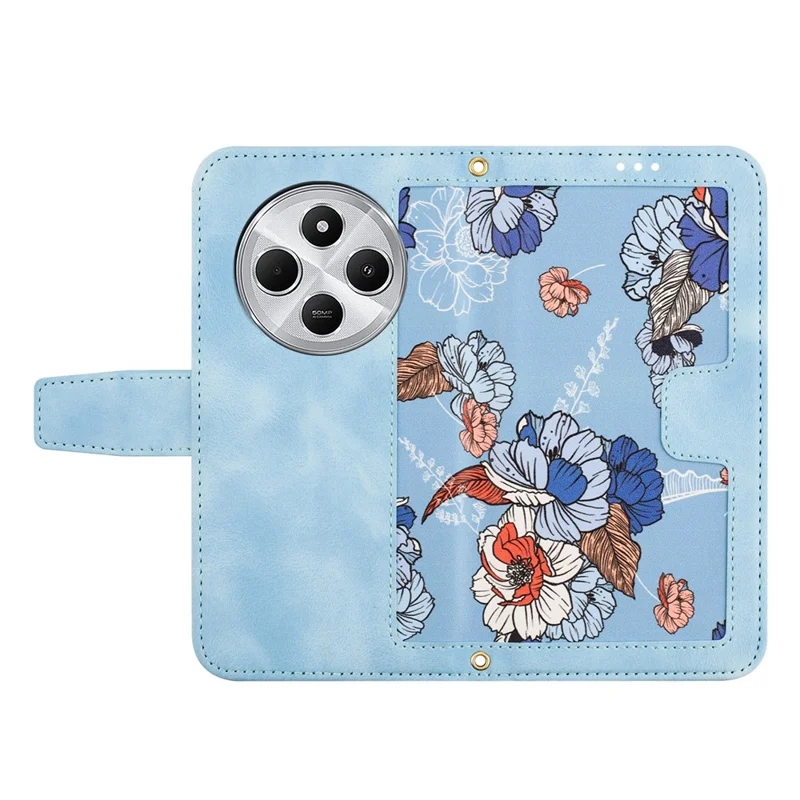 Capa de couro para Xiaomi Poco C75 4G / Redmi 14R 5G / 14C 4G Capa de telefone floral com slots para cartão - Azul bebê