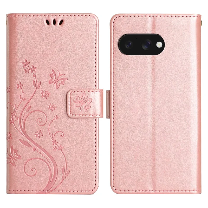 For Google Pixel 9a Leather Wallet Case Butterfly Flower Imprinted Phone Cover with Strap - Rose Gold